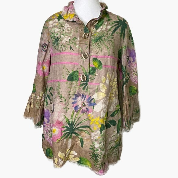 John Mark Tops - John Mark Linen Cream Blouse with Pink Floral Print Blouse‎